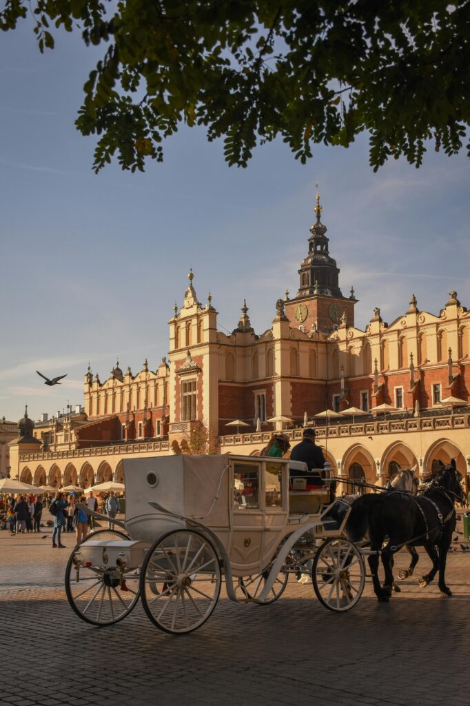 Krakow Main Square at sunset with historic buildings and St. Mary's Basilica – Poland travel guide