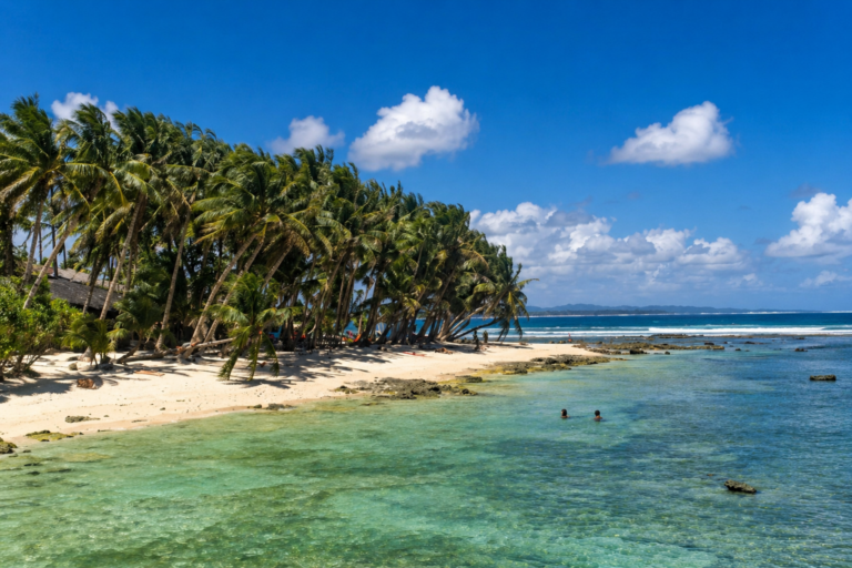 Clear turquoise water and palm-lined beach in Siargao, Philippines, showing the island lifestyle and tropical scenery.