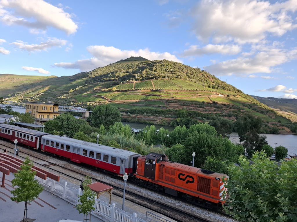 Vibrant train passing through the picturesque Douro Valley in Portugal.